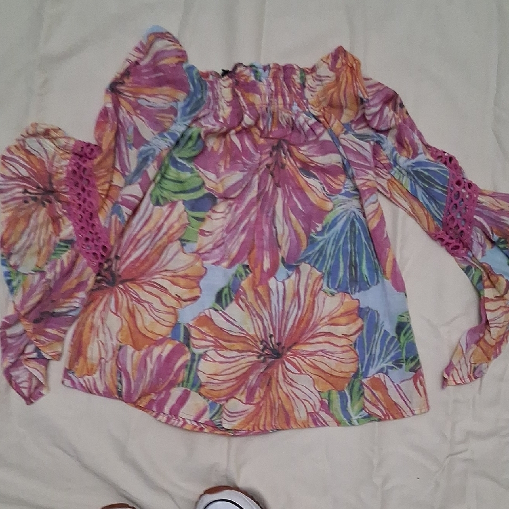 Unique Spectrum Floral Off-Shoulder Blouse - Pink, Orange, Blue